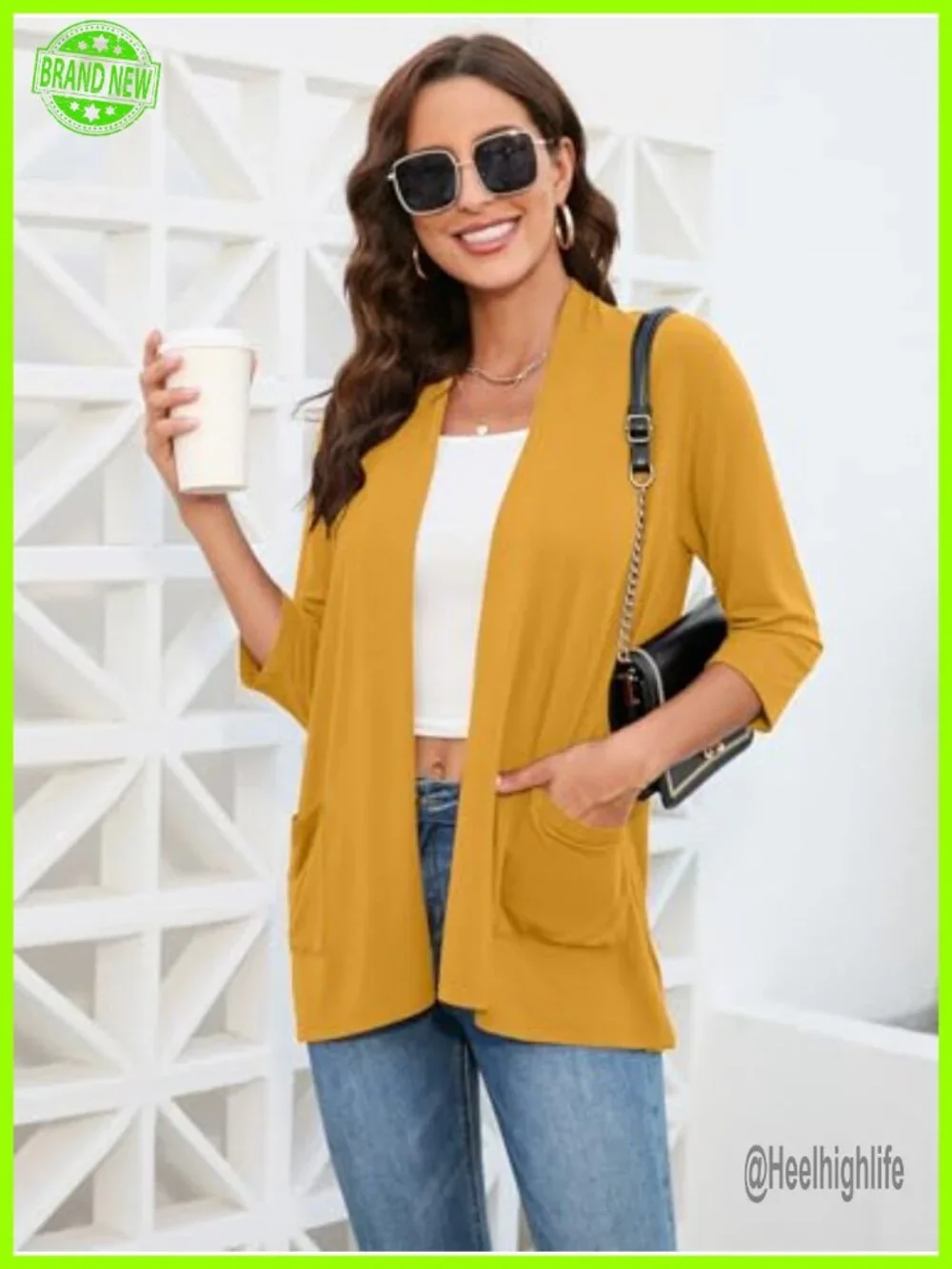 Open Front 3/4 Sleeve Cardigan with Pockets Soft Lightweight Duster